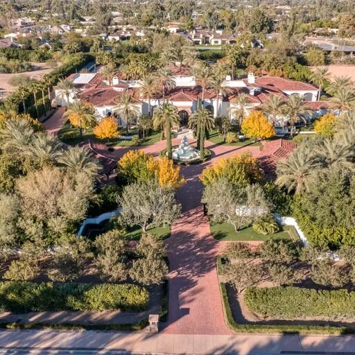 Aerial of the most expensive home ever sold in Paradise Valley. It was bought for $23.5 million cash in 2023, sold by Joan Levinson.