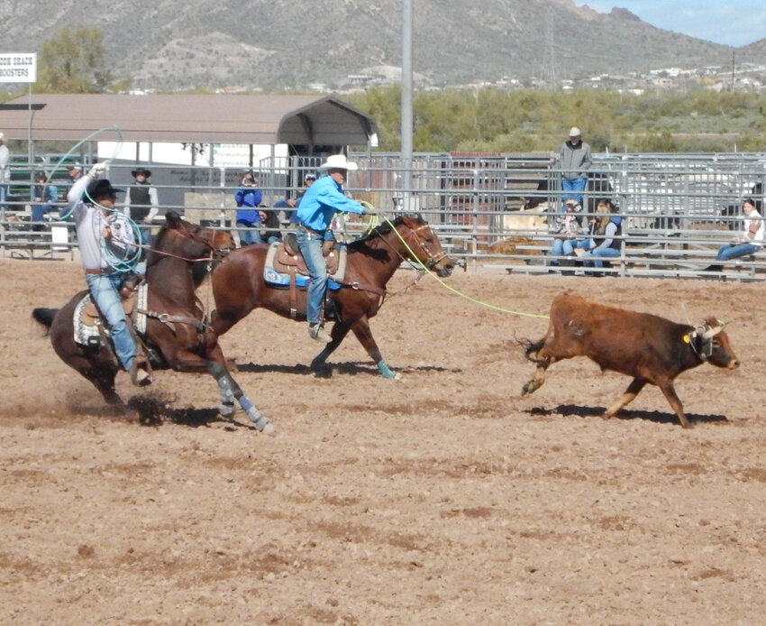 Jim Johnson (header) and Trevor Nowlin (healer) at the Feb. 23, 2023, Lost Dutchman Days team-roping competition at Apache Junction Rodeo Grounds, 1590 E. Lost Dutchman Blvd. The run was for no time.