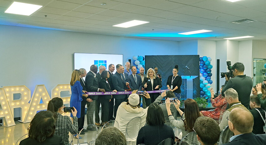 The ribbon is cut by Saras Micro Devices leaders at a Jan. 24 grand-opening at Saras&rsquo; new facility near Germann and Price roads. The semiconductor microdevice company hopes to employ at least 76 highly skilled people by the end of 2025.