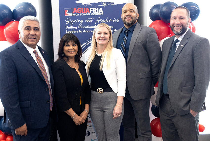 From left, Mark Yslas, Agua Fria Union High School District superintendent; Sintra Hoffman, WESTMARC president and CEO; Megan Griego, senior executive officer of strategic alliances; Phillip Nowlin, deputy superintendent academics and schools; and Nate Showman, career and technical education director.