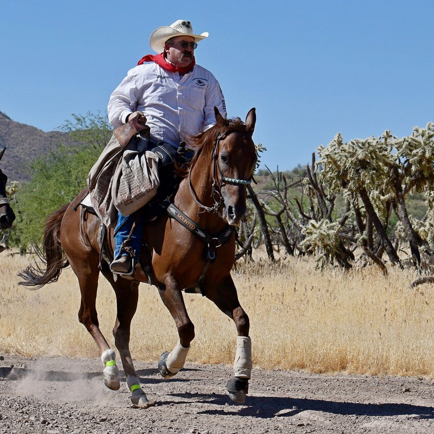 Phil Fedor, who has ridden Phoenix JC Comancheros Pony Express, is launching the Roots N&rsquo; Boots Queen Creek Pony Express from Florence to Queen Creek to coincide wit the Roots N&rsquo; Boots Rodeo.