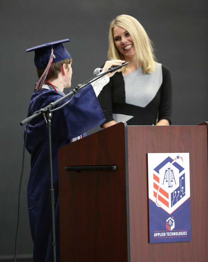 Queen Creek Mayor Julia Wheatley prepares to deliver the commencement address to the American Leadership Academy Applied Technologies graduating class in May 2023.