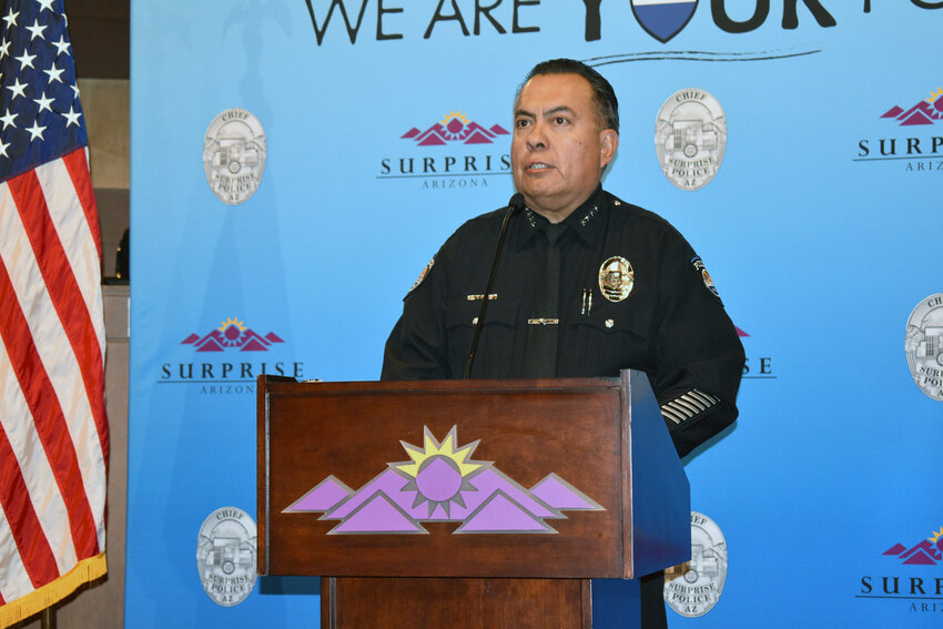 Surprise police chief Benny Pina details the arrest of Raad Almansoori at a Feb. 21 news conference.