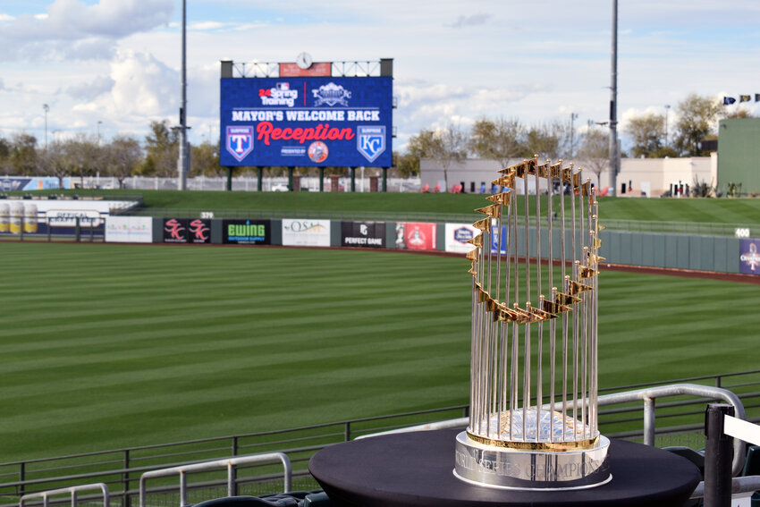 The World Series trophy sits in front of Surprise Stadium at the Mayor's Welcome Back Reception on Feb. 21.