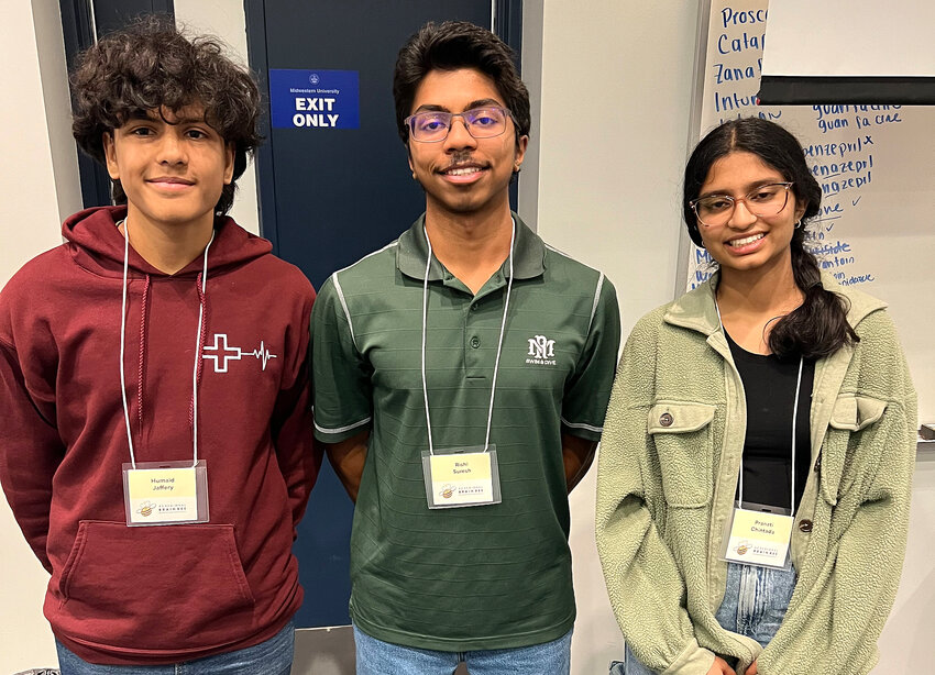 Humaid Jaffey (third place), Rishi Suresh (first place) and Pranati Chintada (second place) were the top three finishers in the 26th Annual Arizona Regional Brain Bee at Midwestern University in Glendale this month.