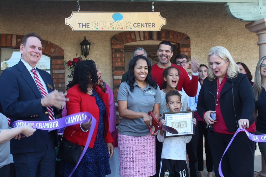 The SPEAK Center for Language & Learning, also known as the CASA Speech Therapy, recently held a fifth-anniversary celebration that included local elected officials. On the left are Chandler Mayor Kevin Hartke and Council member Christine Ellis. On the right, holding the ribbon, is Chandler Chamber Director Terri Kimble. Holding the scissors is the center's founder and director, Ebony Green.