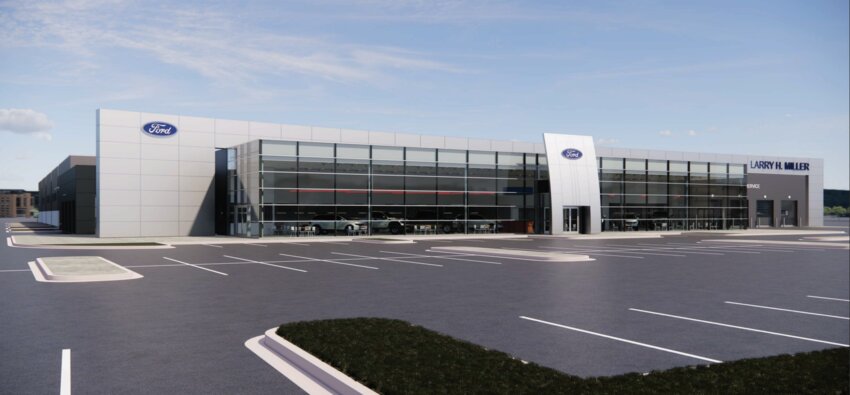 An early render of a would-be renovated Ford Dealership in Mesa.