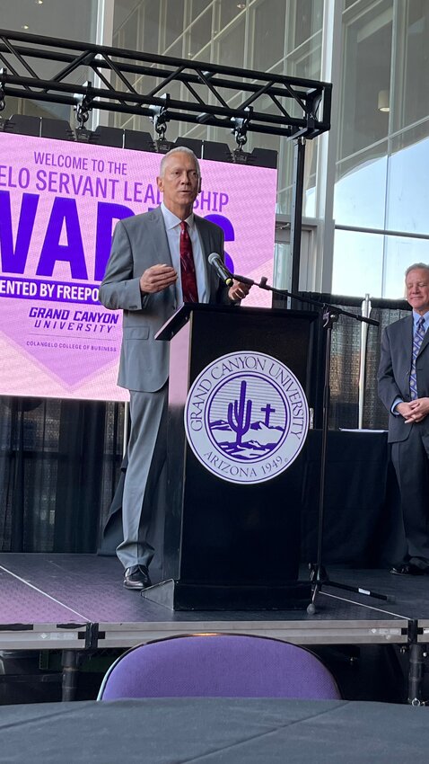 Mike Greenawalt accepts the Grand Canyon University&rsquo;s Colangelo Servant Leadership Award on Feb. 14.