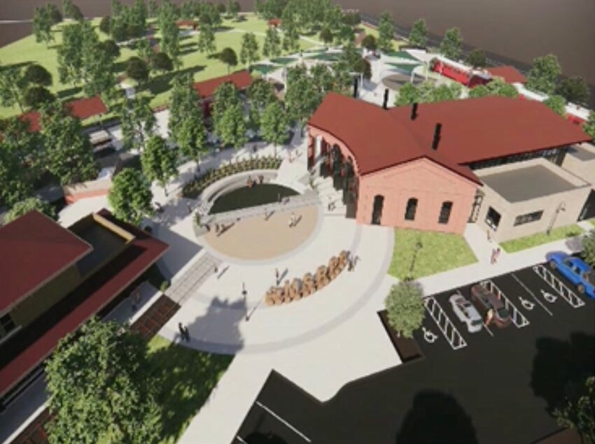 Conceptual design rendering shows the new Roundhouse and Splashpad at the McCormick-Stillman Railroad Park.