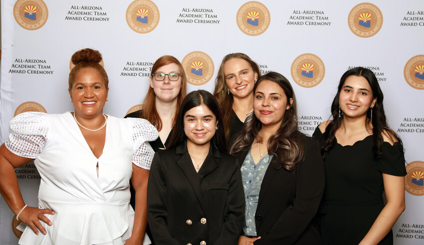the Phi Theta Kappa International Honor Society All-Arizona Academic Team: Back row, left to right, Sonja Elstad and Tiffany McClellan. Front row left to right, Teresa Smith, Martha Meraz, Lillian Medrano and Maritza Lopez.