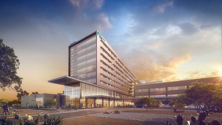 A rendering shows the new Valleywise Health Medical Center at 24th Street and Roosevelt Road in Phoenix.