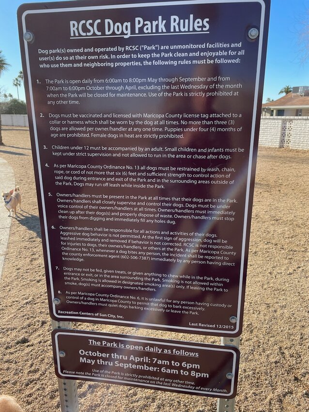 Signs posted by the Recreation Centers of Sun City at Duffeeland Dog Park state it is an unmonitored park and lay out the rules for visitors to use the park.