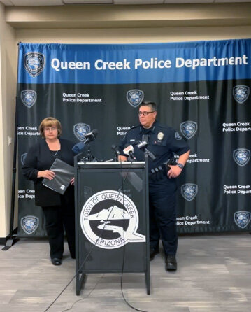 Maricopa County Attorney Rachel Mitchell, left, and Queen Creek Police Chief Randy Brice, right, announced arrests in the Preston Lord homicide case on Wednesday.
