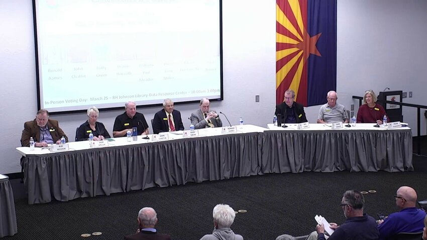 Governing board candidates Bud Meador, Dori Miller, John Chattin, Rudy Grom, Ronald Ames, Nick Turner, Dennis Horvath and Jolene Piaskowski took part in the candidate forum in Sun City West on March 6.