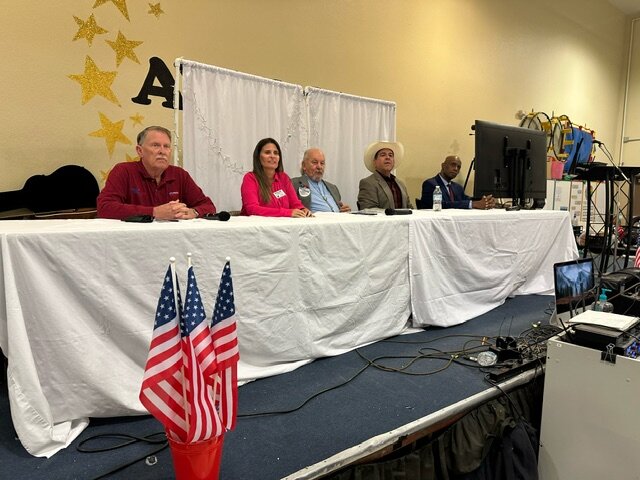From left are Stephen Slaton, Barby Ingles, John Fillmore, Andrew Castanzo and Walt Blackman at the recent candidates forum. Rep. David Marshall is not pictured due to late arrival.