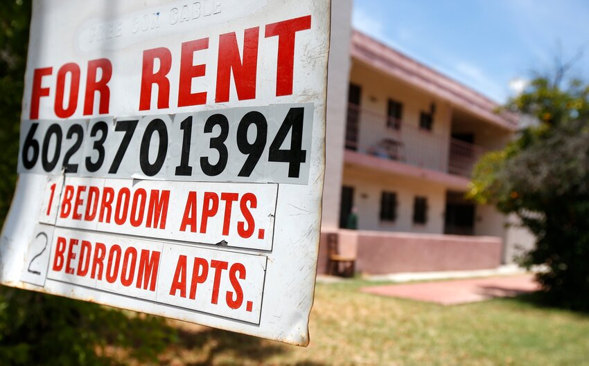 A rental sign is posted in front of an apartment complex Tuesday, July 14, 2020, in Phoenix. (The Associated Press/Ross D. Franklin)