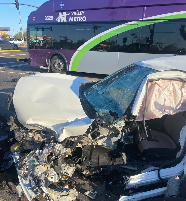 A crash March 9 in Mesa involved a car, bus and truck. One person died, police said.