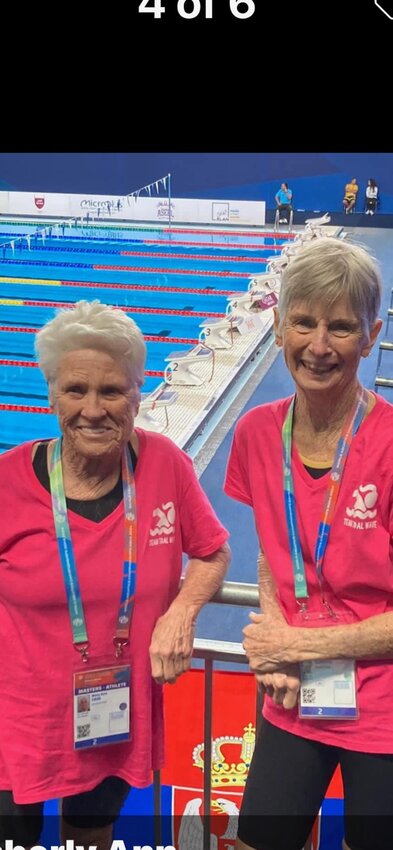 Mary Ann Case and Gynt Clifford pose Feb. 24 at the swimming pool where they won a combined seven gold and three silver medals in the 2024 World Masters Championship in Doha, Qatar.