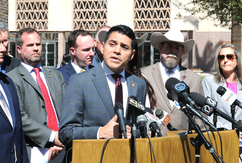 Rep. Steve Montenegro explains Monday why Gov. Katie Hobbs should sign his measure allowing police to arrest border crossers even though she vetoed the exact same language last week. (Capitol Media Services/Howard Fischer)