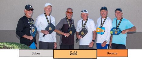 Men&rsquo;s doubles 4.5 medalists Terry Pellam, Lonne Kaufman, Mark Friedenberg, Jim Hackenberg, Bob Shepard and Cliff Chapin.
