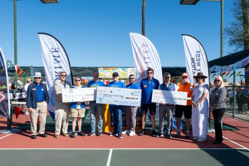 The Fun in the Sun Pickleball &ldquo;All for Charity&rdquo; event raised more than $60,000. Richard Livengood, Sun City West Foundation; Ralph Johnson, Property Owner and Residents Association, Bob Bass, Community Fund; Orion Willis (center) &amp; Associates, Prime Wealth Advisors, Rodney Bertram, PORA; Mike Saini, Saini Smiles Dentistry, Gary Schroer, Sun City West Prides; Alisa Chatinsky and Shannon Armstrong, Northwest Valley Connect (Sun City West Pickleball Club/submitted photo)