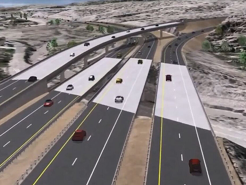 Rendering of interchange approved March 15 by the State Transportation Board. This view shows I-40 westbound to US 93.