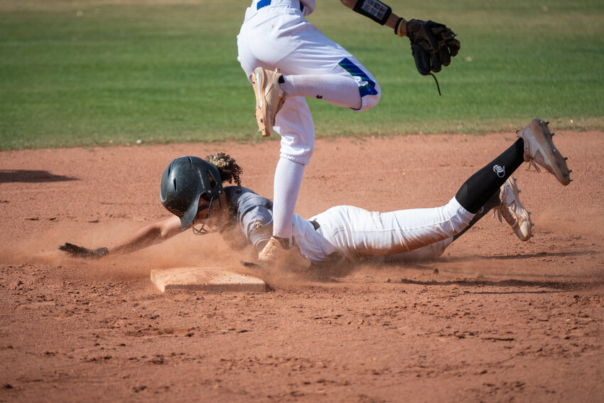Shadow Ridge junior shortstop J&rsquo;kai&rsquo;a Graves slides in to steal second base during a 6A playoff elimination game win against Phoenix Xavier College Prep May 2, 2023. Graves is back as the Stallions&rsquo; leadoff hitter.