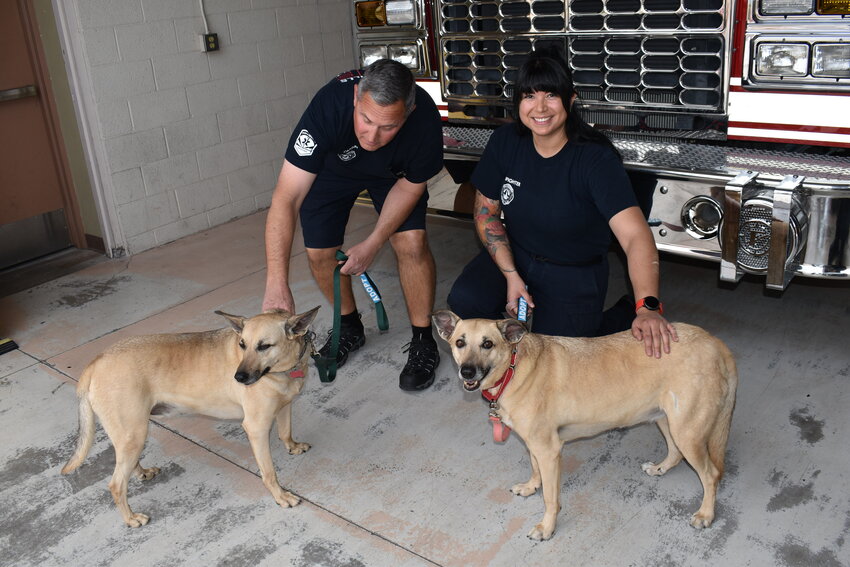 Fountain Hills Fire Department Station #1 had visitors from Fountain Hills Rescue Pals recently. Sophia and Kino are greeted by Fire Capt. Don Deasey and Firefighter Jacky Caballero. Sophia and Kino are bonded siblings who have been waiting a long time to find a home together. Rescue Pals information is at facebook.com/Rescue/Pals. Rescue Pals can also be found each Wednesday at the Farmers&rsquo; Market on Avenue of the Fountains.