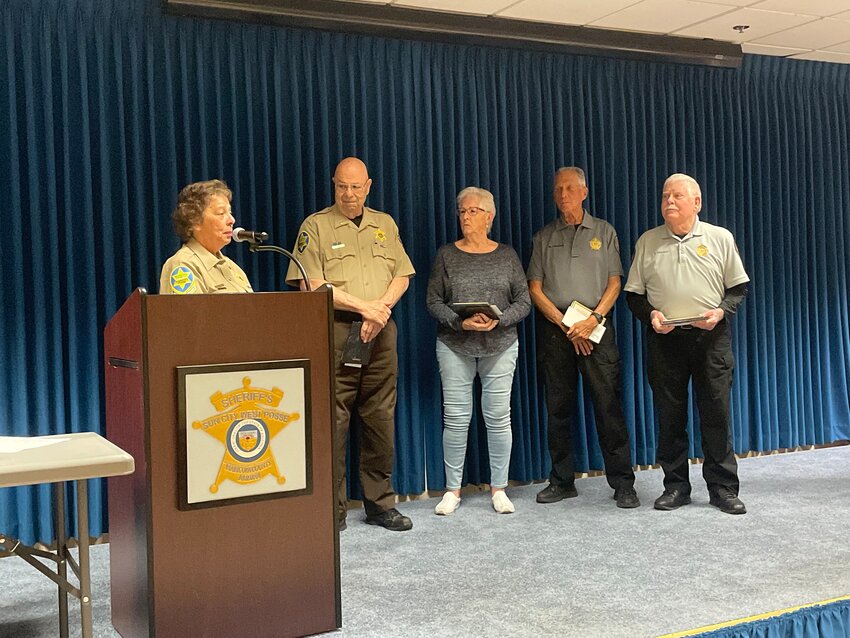 Five year awards were handed out by Sun City West Posse Cmdr. Carolyn Patterson during the March 19 posse meeting to Stephen Stubits, Louise Blomberg, Malcolm Fordham and Douglas Swanson.