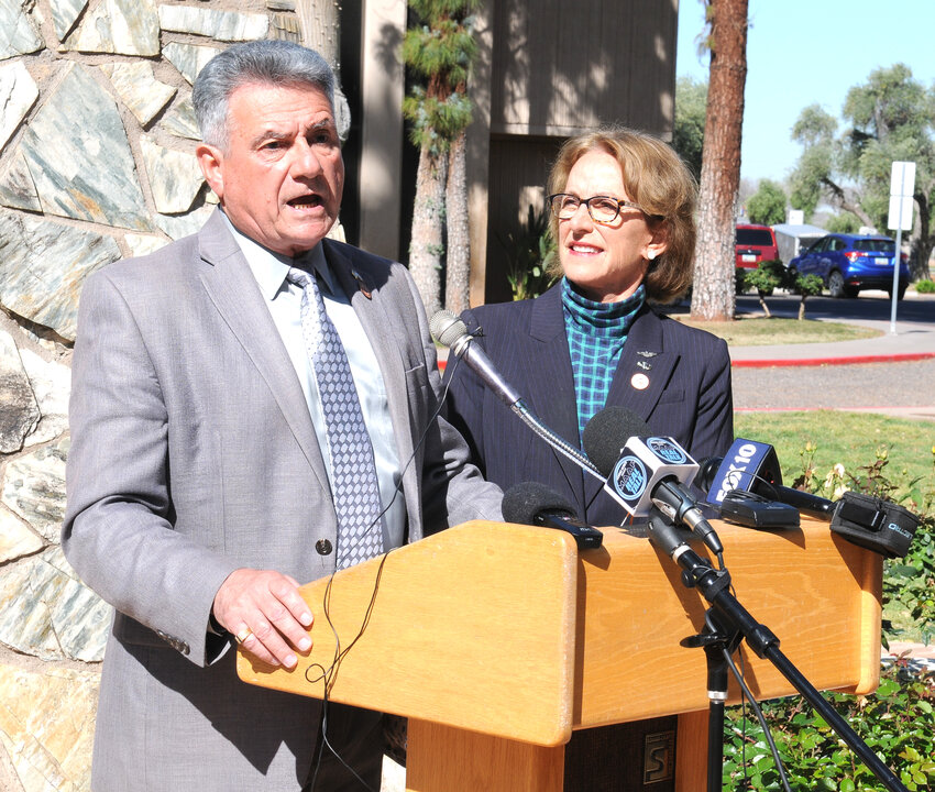 Sen. Sonny Borrelli provides few details Wednesday of what he says is a report by a cybersecurity expert of gaps in election equipment and software used in three Arizona counties. With him is Sen. Wendy Rogers who said this is information the public should know. (Capitol Media Services/Howard Fischer)