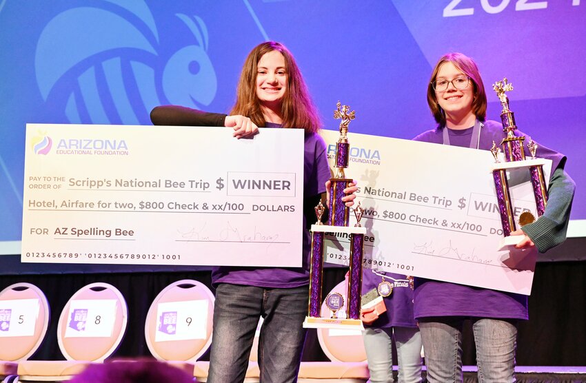 Isabelle Garcia, right, poses next to Aliyah Alpert after the 2024 Arizona Spelling Bee, held March 16 in Phoenix. Garcia, a seventh-grader at Kyrene del Pueblo Middle School, placed second at the state bee. She and Alpert, the Arizona Bee champion, will compete at the Scripps National Spelling Bee in Maryland in late May.