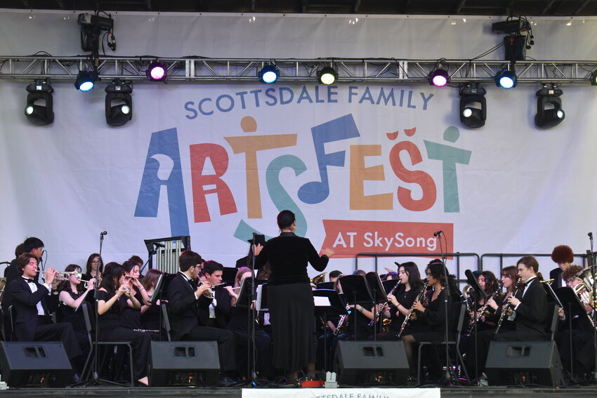 The Scottsdale Family ArtsFest is a two-day free event in partnership between Arizona State University, Scottsdale Unified School District, Scottsdale Arts, the City of Scottsdale and the SkySong development team. Pictured is the Chaparral High School Concert Band on the main stage. (Independent Newsmedia/George Zeliff)