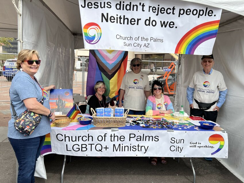 The Church of the Palms, United Church of Christ in Sun City again participated in the Rainbow Festival held at Heritage Square Park. Manning the booth from left are Donna Hermann, Annie Macomber, Georgia Feiste, Jessica Hermann and Karl Feiste.