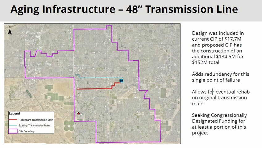 This map shows a critical water main line across the city of Chandler, near Germann Road. Chandler Utilities Director John Knudson told the Chandler City Council, during a March 21 work session, that critical pipe must be replaced, and it&rsquo;s going to cost more than $150 million to do it.