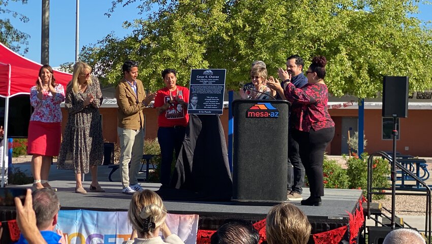 Members of the Cesar Chavez foundation, Mesa City Officials and more present the plaque honoring Cesar Chavez's life and legacy in Mesa.