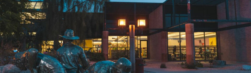The exterior of the Glendale Main Library, 5959 W. Brown St., at night.