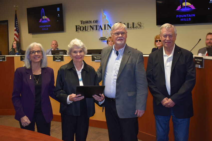 The Fountain Hills Presbyterian Church was presented with a proclamation from Fountain Hills Mayor Ginny Dickey in celebration of its 50th anniversary at the Town Council meeting Tuesday, March 19. From left, Mayor Ginny Dickey, Interim Pastor Rev. Dr. Bob Simmons, Outreach Elder Jackie Miles and Clerk of Session Jack Reynolds.