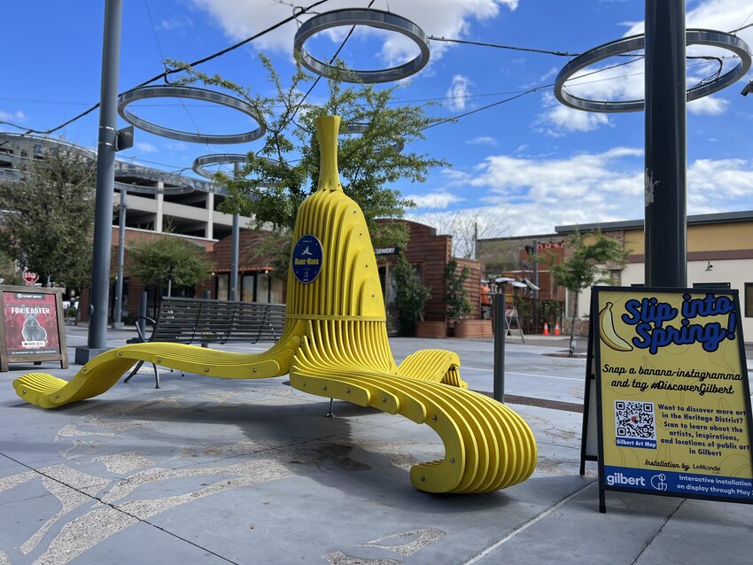The Slip into Spring banana is only display in the Heritage District through May 2.