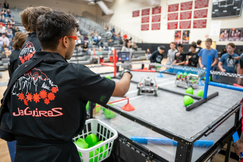 Members of the Desert Ridge Robotics team compete in a match at the 2024 AIA Robotics State Championship.