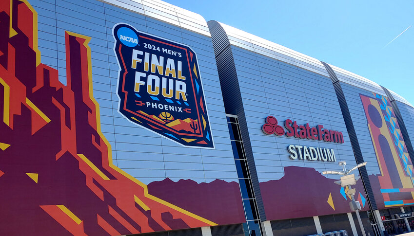State Farm Stadium in Glendale is dressed up to host the NCAA Men's Basketball Final Four. All four teams will practice Friday and the semifinals are Saturday, starting at 3:09 p.m., fithe the title game at 6:20 p.m. Monday.