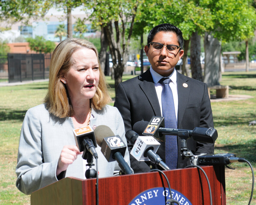 Attorney General Kris Mayes blasts Republican lawmakers Thursday for failing to act on groundwater pumping even as they criticize her for trying to use nuisance laws to rein in the practice. With her is Rep. Oscar De Los Santos, the assistant House minority leader. (Capitol Media Services photo by Howard Fischer)