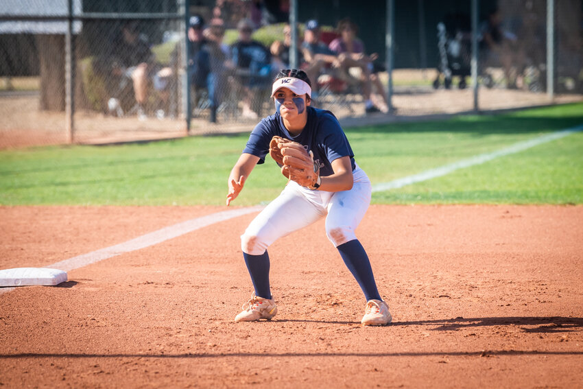 Willow Canyon junior third baseman Harmony Andrade prepares to field a ground ball during a May 2, 2023 playoff victory over Casteel. The Oregon State signee leads the Wildcats in batting average, stolen bases, runs, RBI, slugging percentage and doubless as a senior.