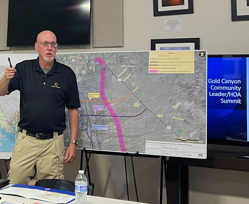 Pinal County Supervisor Jeff Serdy maps out plans and progress on new developments and transportation projects in the Gold Canyon area.