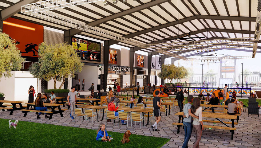 The central covered area is to have outdoor pickleball courts and family-fun gaming activities.