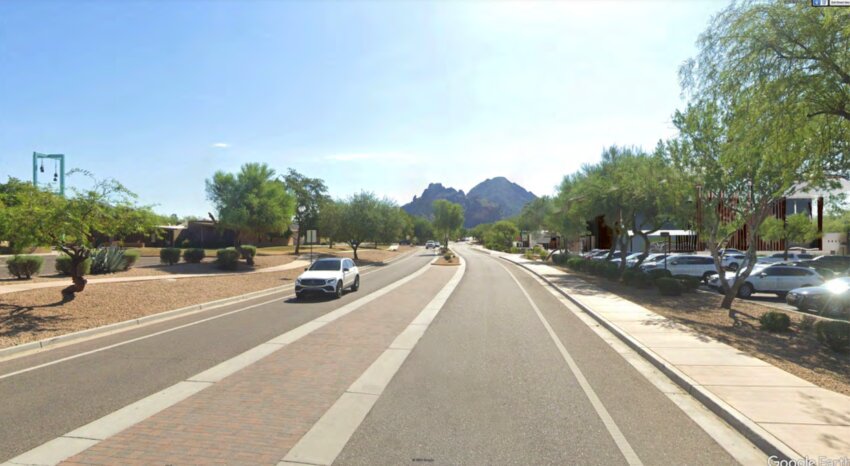 On Stanford Drive facing east, Camelback Bible Church (left) is located across the street from a rendering of Phoenix Country Day School's new performance arts center (right).