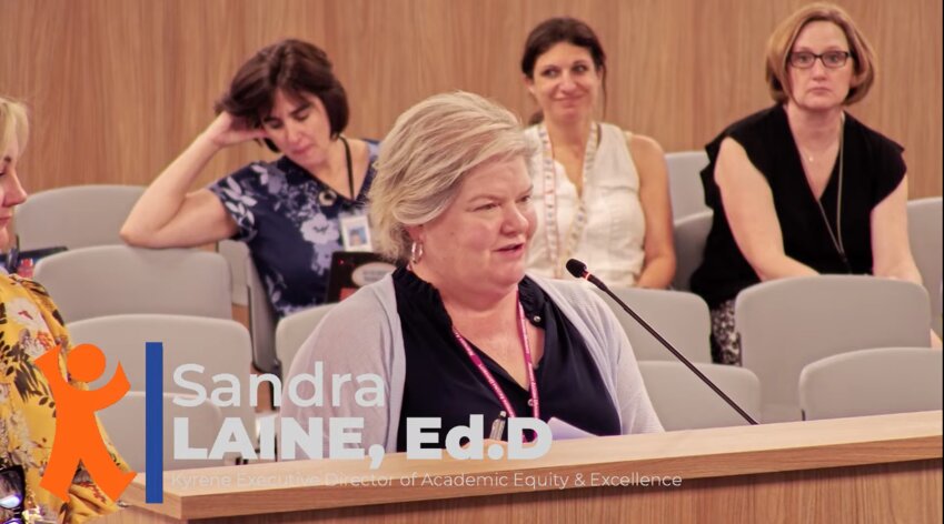 Executive Director of Academic Equity and Excellence Dr. Sandra Laine speaks at the April 9 board meeting.