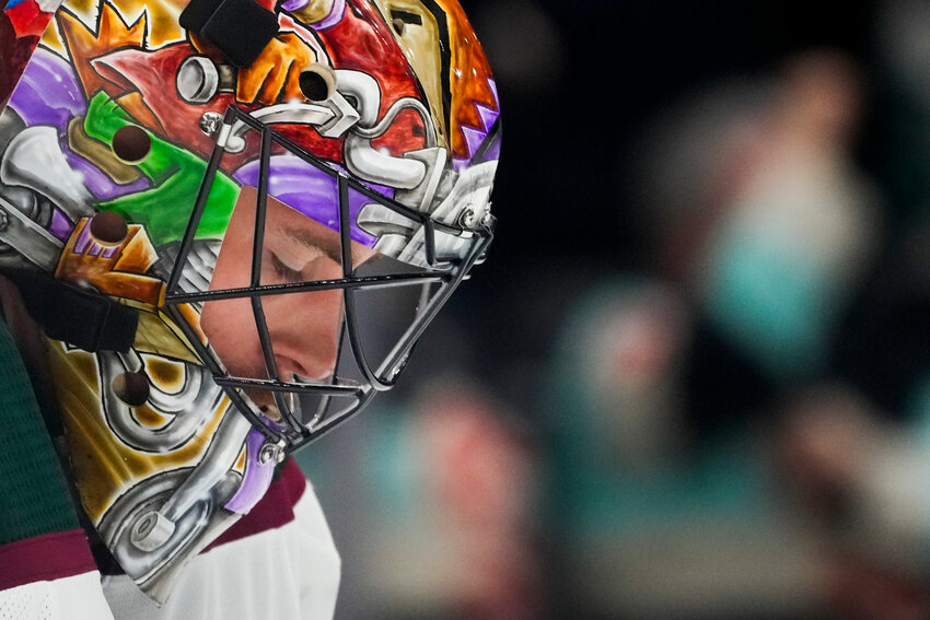 Coyotes goaltender Karel Vejmelka looks down during the third period of the team&rsquo;s game against the Seattle Kraken, Tuesday in Seattle. (The Associated Press/Lindsey Wasson)