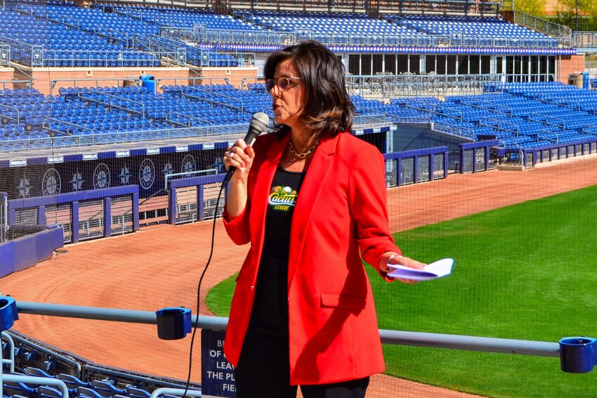 Cactus League executive director Bridget Binsbacher announces the league&rsquo;s 2024 attendance totals at the Peoria Sports Complex in Peoria Thursday. (Photo by Samuel Nute/Cronkite News)