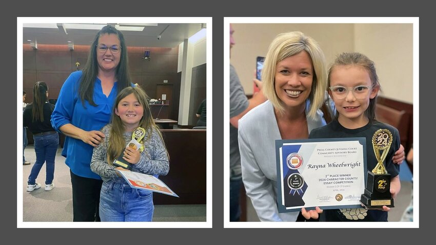 FUSD student Faith Nunley, left, of Florence K-8, won first place for the K-2 division of the Pinal County Community Advisory Board's Character Counts Essay Competition. Third-grader Rayna Wheelwright of San Tan Heights K-8 placed second in division 2.