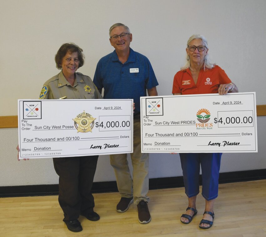 From left, Carolyn Patterson, Posse commander, Joel Piaskowski, of the SCW Tennis Club, and Kathy Estes, PRIDES board member.